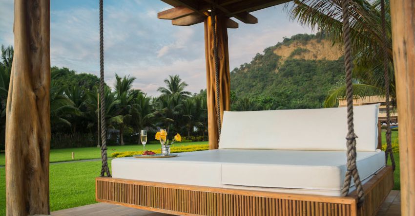 Outdoor Furniture - Brown Wooden Framed With White Mattress Hanging Bed Surrounded by Green Grass